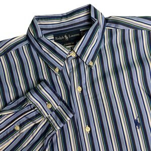 Ralph Lauren Mens Size 17 XL Classic Fit Shirt Blue Green Striped Button Down